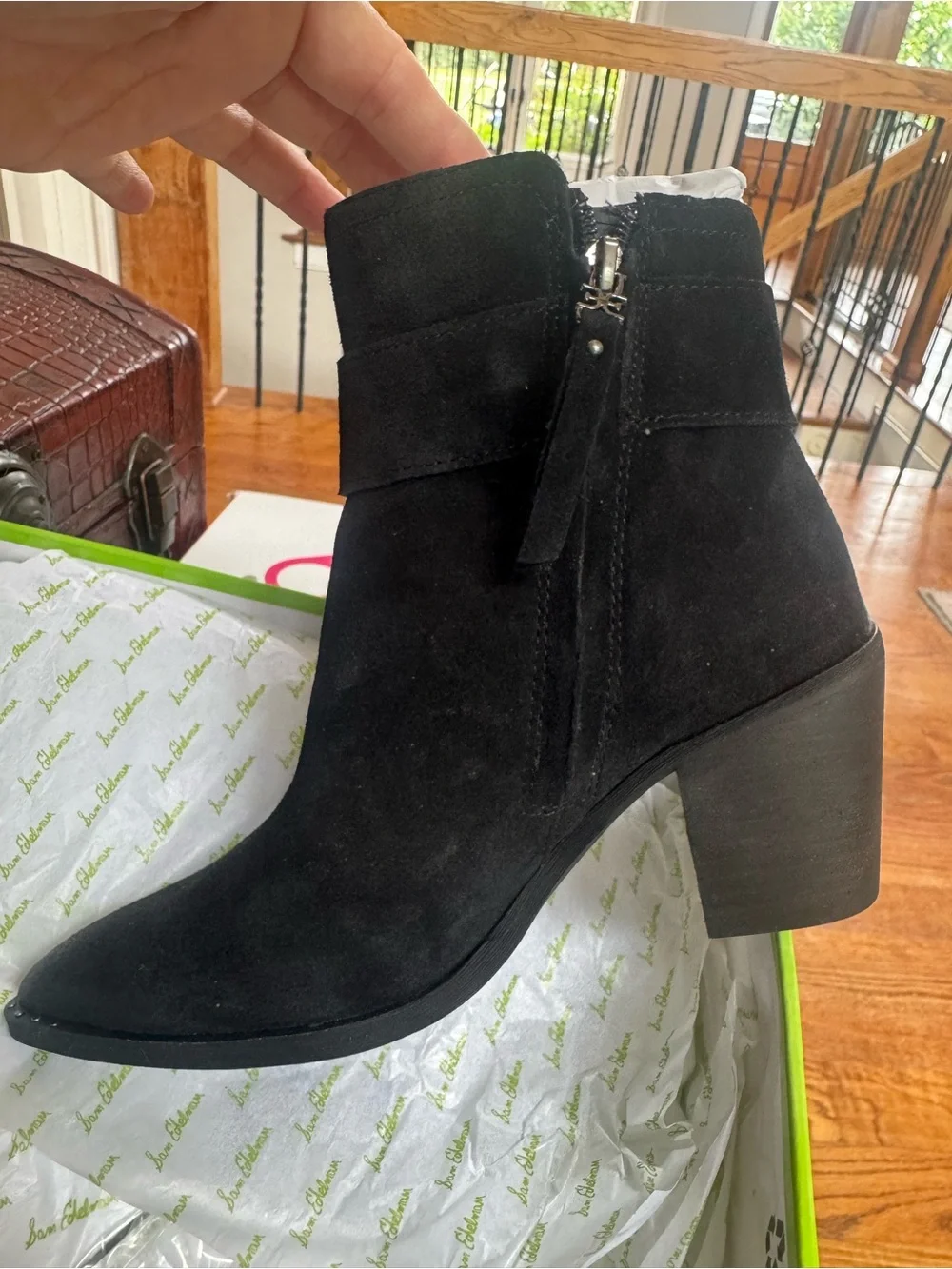 Sam Edelman Leonia Black Suede Pointed Toe Ankle Booties with buckle detail